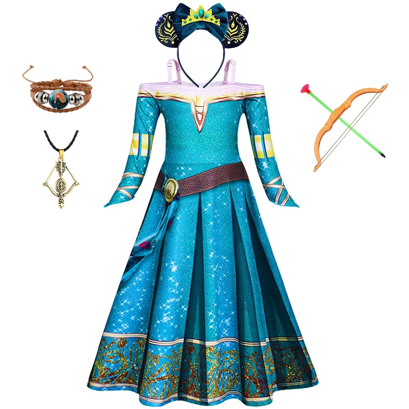 New Cartoon Movie Girls Princess Merida Dress Halloween Brave Princess Costume Children Green Velvet Long Sleeve Vintage Clothes