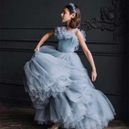 Children's Dresses 2025 New Flower Girl Long Blue Gauze Gown Evening Dress Ball Catwalk Piano Performance Princess Customized