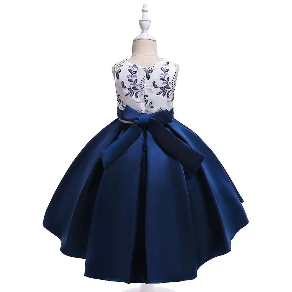 Party Prom Dress For Girls Flower Embroidery Princess Dresses Children Satin Bow Dovetail Dress For Kids Birthday Wedding Gown