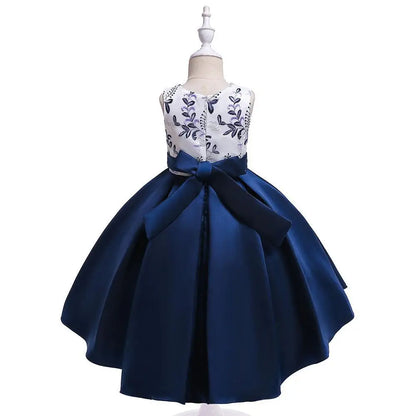 Party Prom Dress For Girls Flower Embroidery Princess Dresses Children Satin Bow Dovetail Dress For Kids Birthday Wedding Gown