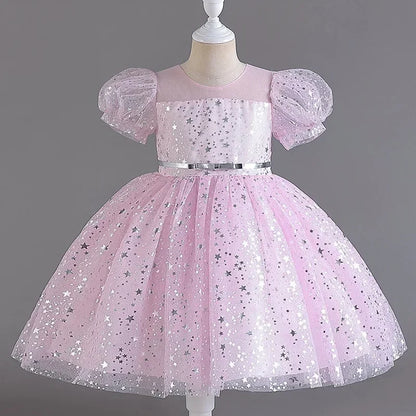 Summer Girls Dresses for Party and Wedding Lace Mesh Short Sleeve Girls Sequin Dress Fashion Girls Party Dress 4-10 Years