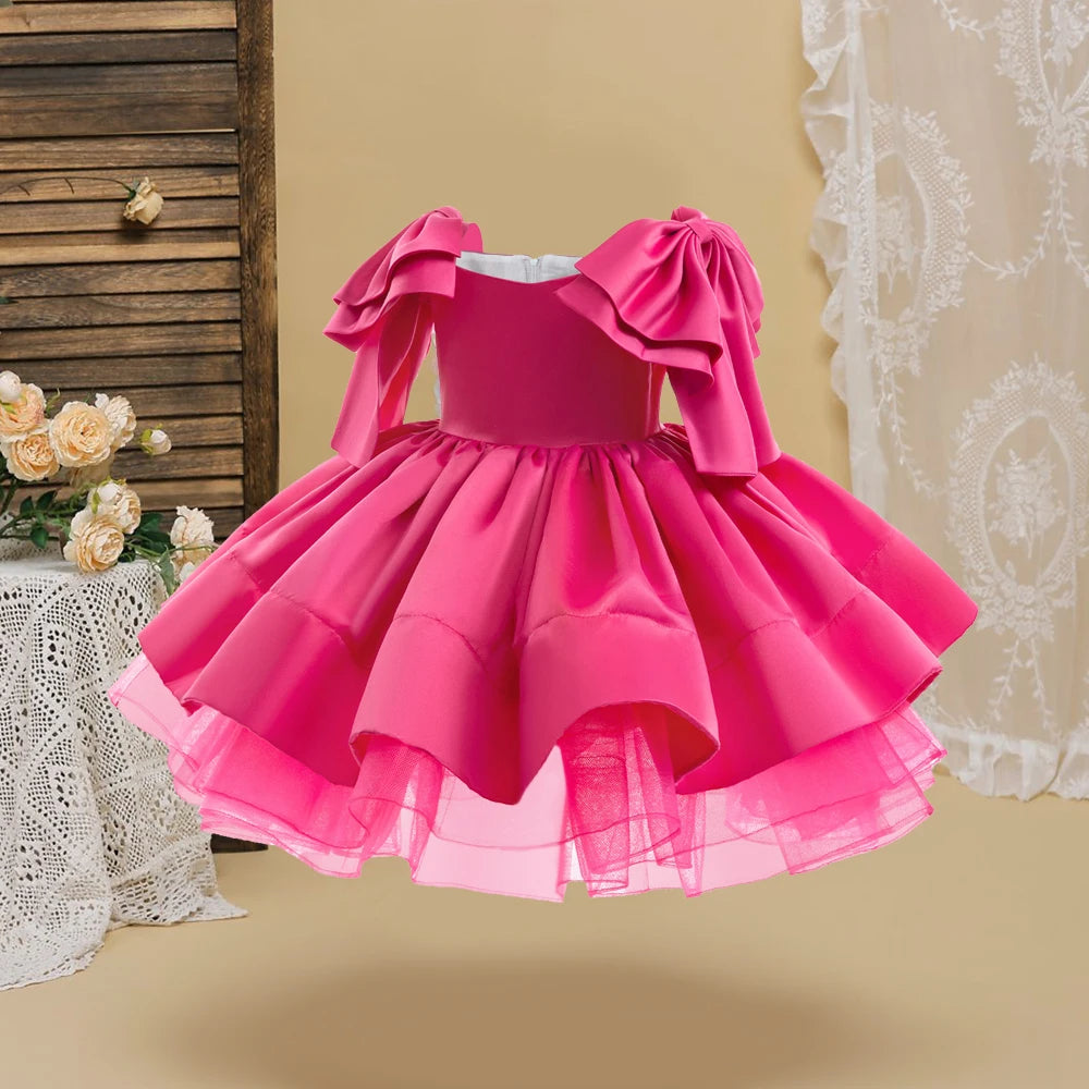 Fashion Big Bow Girls Party Dress Formal Pink Wedding Bridesmaid Birthday Princess Dresess for Girl Gala Christmas Kids Clothes