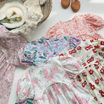 2025 Summer Kids Girls Dresses Short Sleeve A Line Girls Dresses Floral Print Pleated Dress For Girl