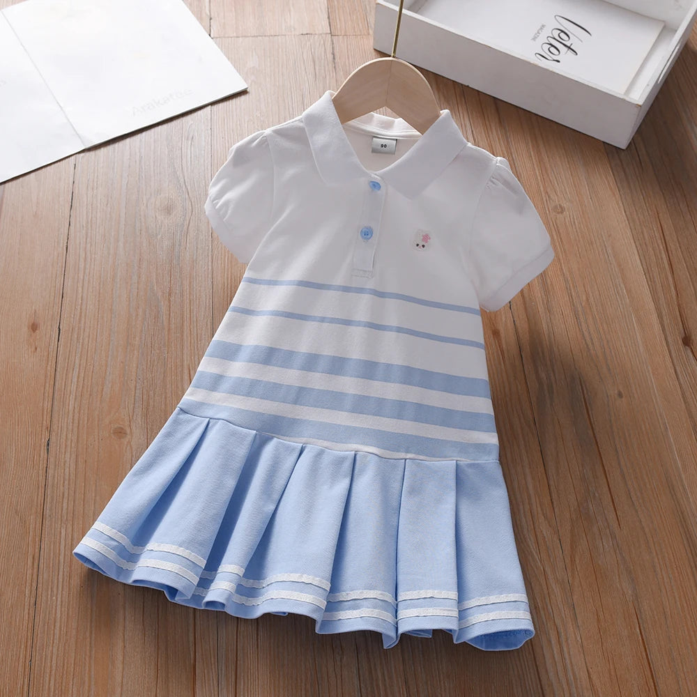 Girls' Fashion Polo Dress with Stripes Kids Elegant Puffed Sleeves Clothes Baby Girls Summer Dresses