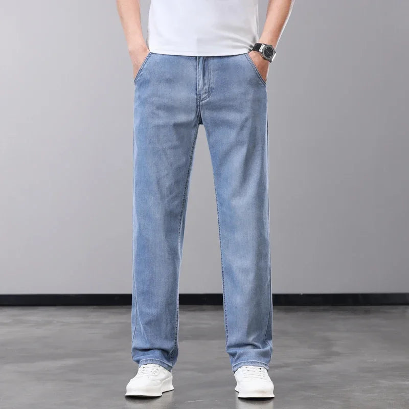 Summer Thin Men's Jeans Lyocell Fabric Soft Breathable Straight Denim Pants Brand Man Elastic Ice Silk Casual Trousers Grey Blue (Available)