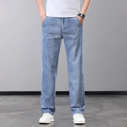 Summer Thin Men's Jeans Lyocell Fabric Soft Breathable Straight Denim Pants Brand Man Elastic Ice Silk Casual Trousers Grey Blue (Available)