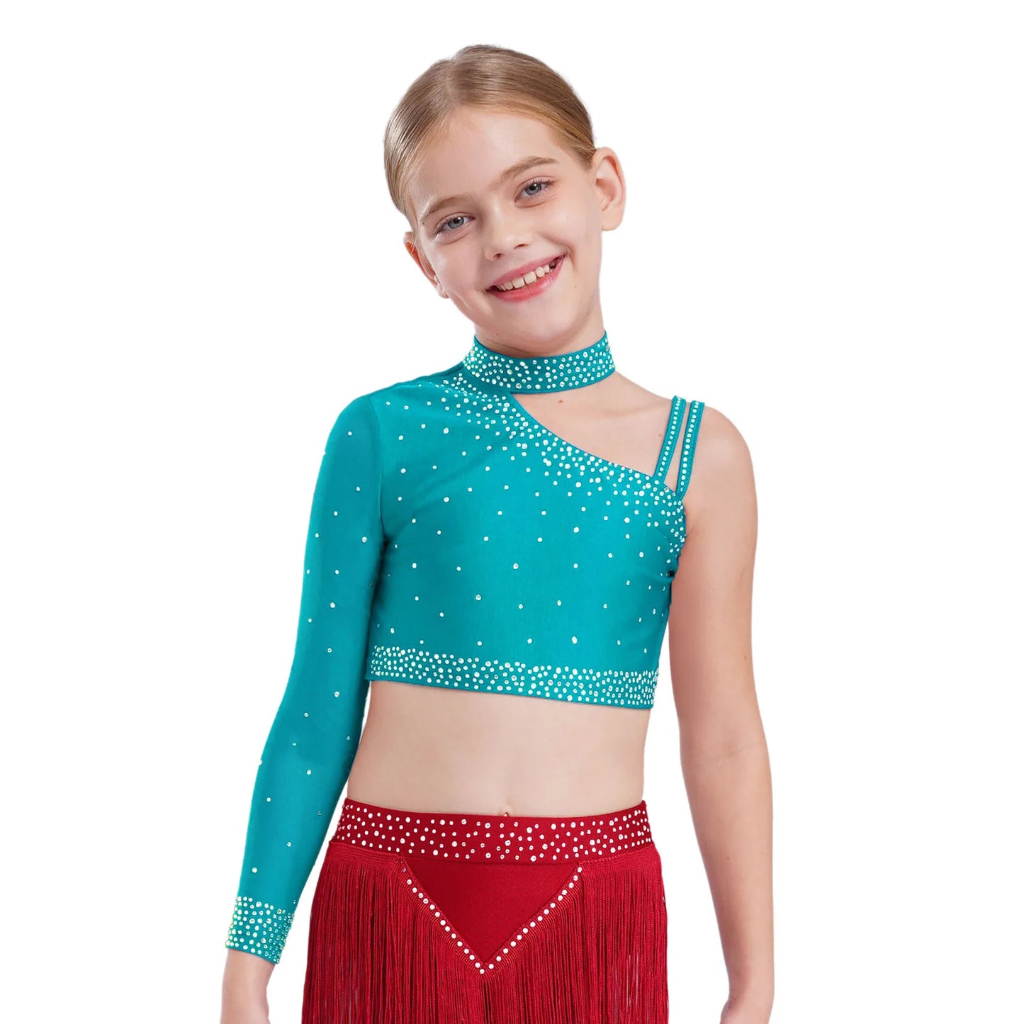 Girls Modern Dance Dress 2 Piece One-shoulder Sleeve Rhinestone Crop Top And Feather Skirts Sets Dance for Stage Performance