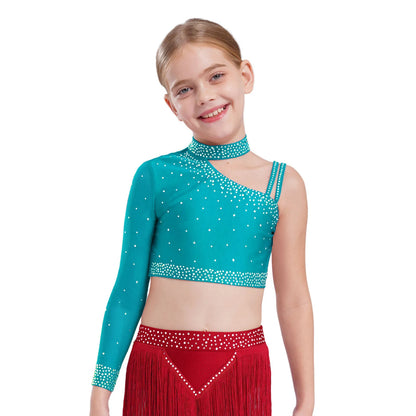 Girls Modern Dance Dress 2 Piece One-shoulder Sleeve Rhinestone Crop Top And Feather Skirts Sets Dance for Stage Performance
