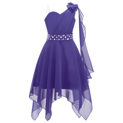 Summer Girls Festive Dress Hi-Lo Tulle Sleeveless Shiny Beaded Dress Flower Kids Wedding Pageant Clothing Evening Communion Gow