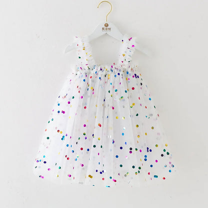 Girls Summer Dresses 2025 New Fashion Sweetheart Colorful Sequin Tulle Dress Kids Vacation Birthday Party Princess Dress