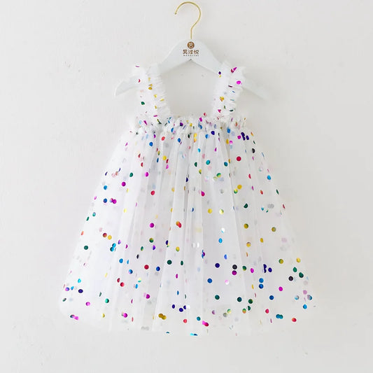 Girls Summer Dresses 2025 New Fashion Sweetheart Colorful Sequin Tulle Dress Kids Vacation Birthday Party Princess Dress