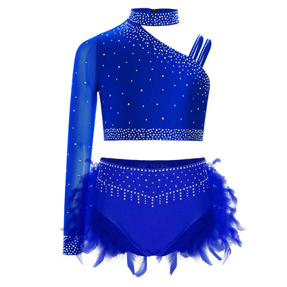 Girls Modern Dance Dress 2 Piece One-shoulder Sleeve Rhinestone Crop Top And Feather Skirts Sets Dance for Stage Performance