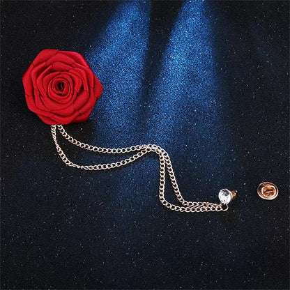 Men Wedding Brooches Cloth Art Handmade Rose Flower Brooch Lapel Pin Badge Tassel Chain Men's Suit Accessories Groom Boutonniere