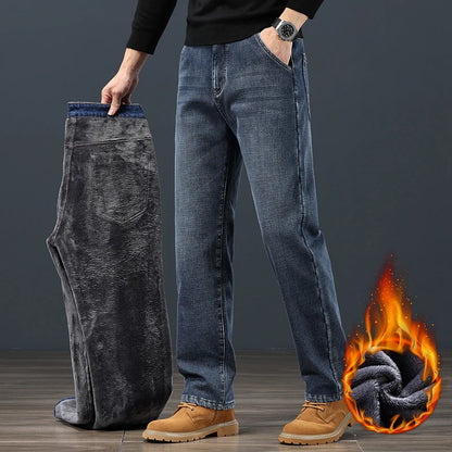 Winter Fleece Warm Men's Jeans Classic Loose Straight Plush Denim Pants Thickened Fashion Stretch Casual Thermal Trousers 42 44 (Avaialble)