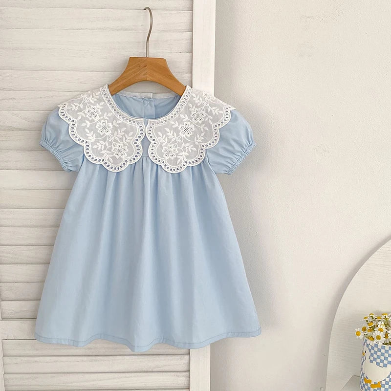 Baby Girls Dress Kids Summer Cute Flowers Dress 1-6 Yrs Children Fashion Doll Collar Princess Dress Blue Cotton Girl's Dresses