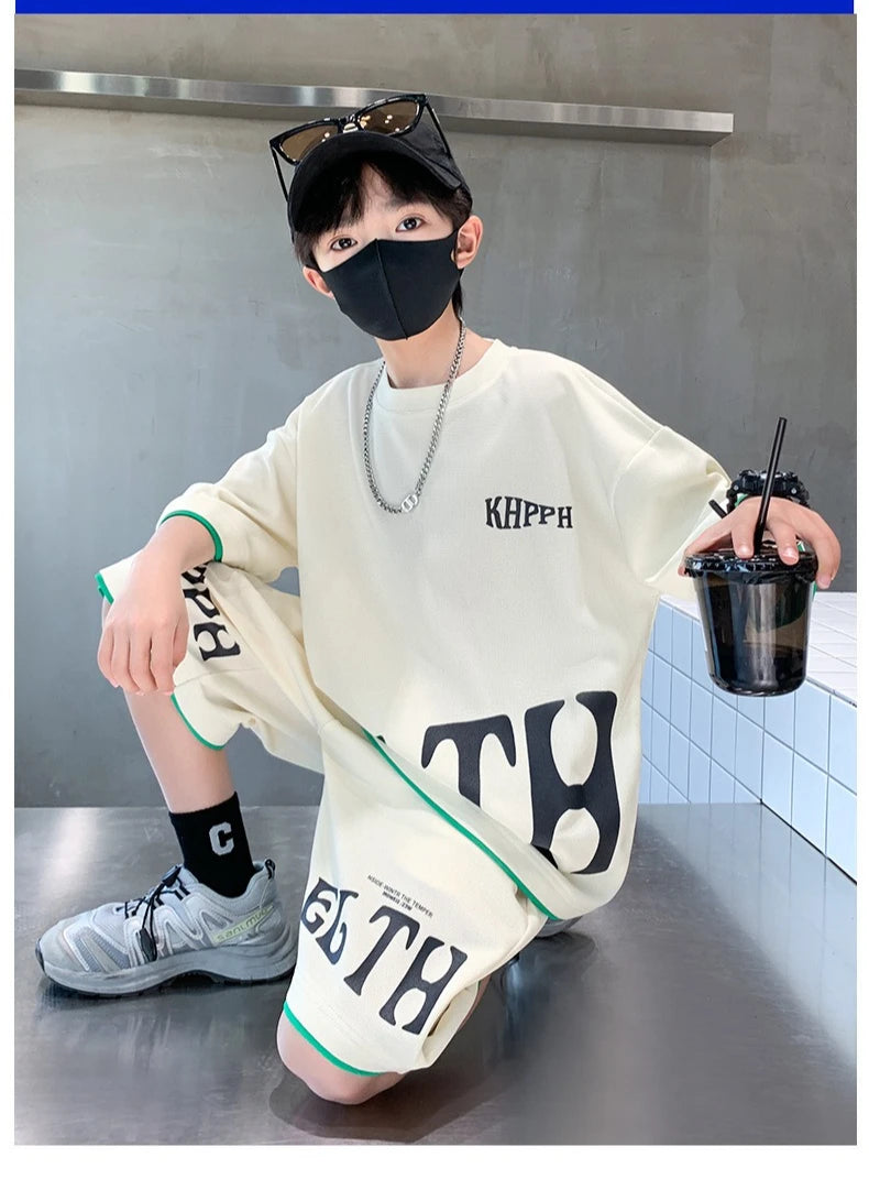 Boys Summer Letter Print Tee Shorts Two Piece Set New Big Kids Casual Wear Outfit Everyday Wear Simple Style Matching Children