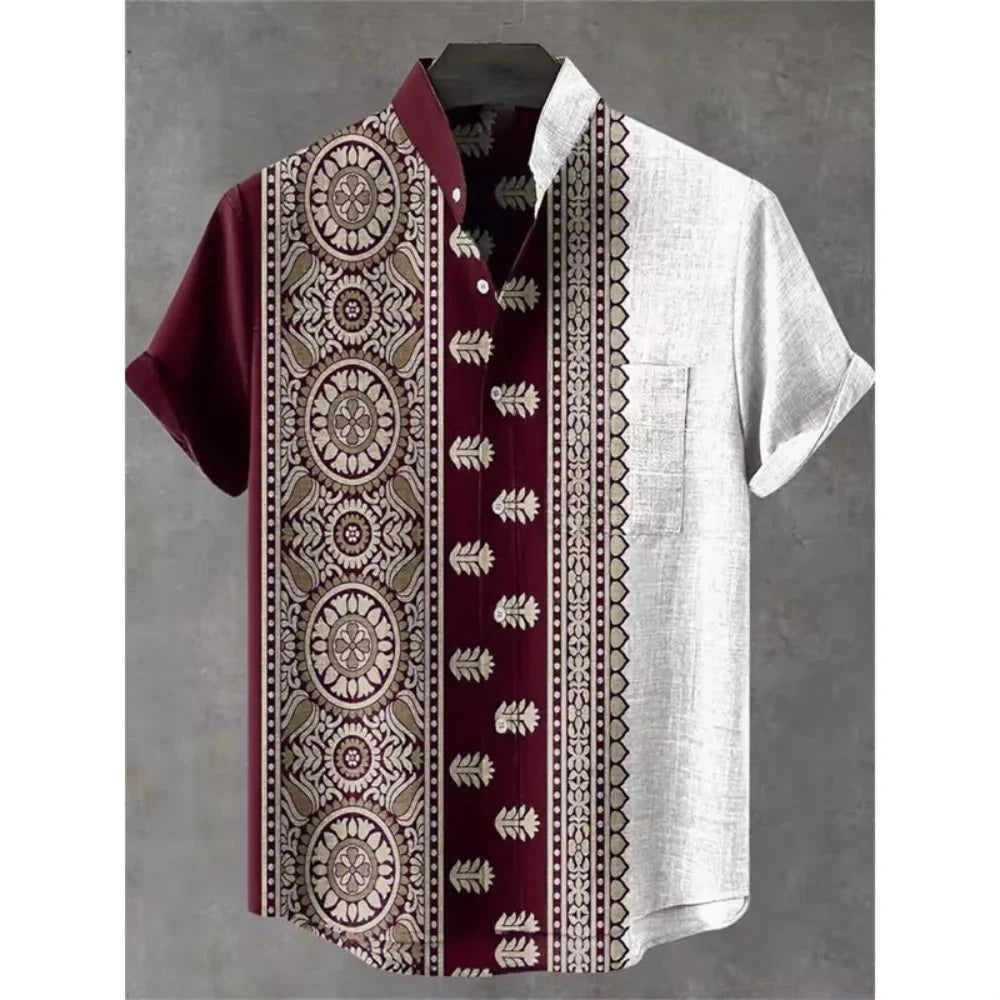 Men's summer shirt, fashionable stand up collar short sleeved cardigan, ethnic tribal printed pocket, linen breathable men's top   (Available)