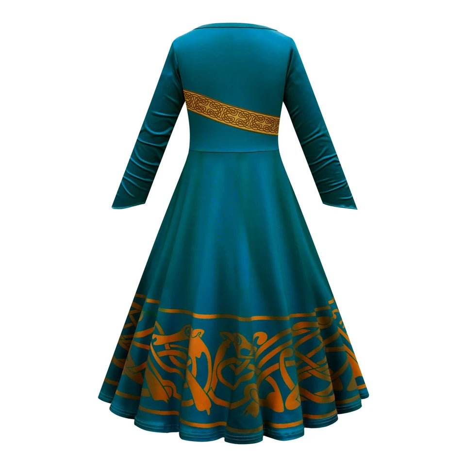 New Cartoon Movie Girls Princess Merida Dress Halloween Brave Princess Costume Children Green Velvet Long Sleeve Vintage Clothes