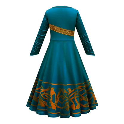 New Cartoon Movie Girls Princess Merida Dress Halloween Brave Princess Costume Children Green Velvet Long Sleeve Vintage Clothes