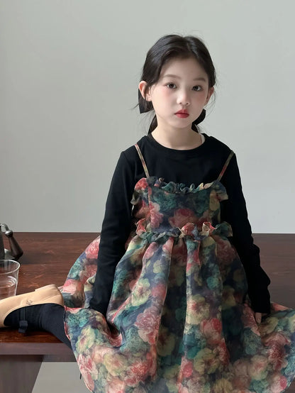 Girls Casual Dresses Autumn Girl Black T-shirt Camisole Flower Mesh Gauze Suit Princess Simple Printing Loose Beautiful 2024