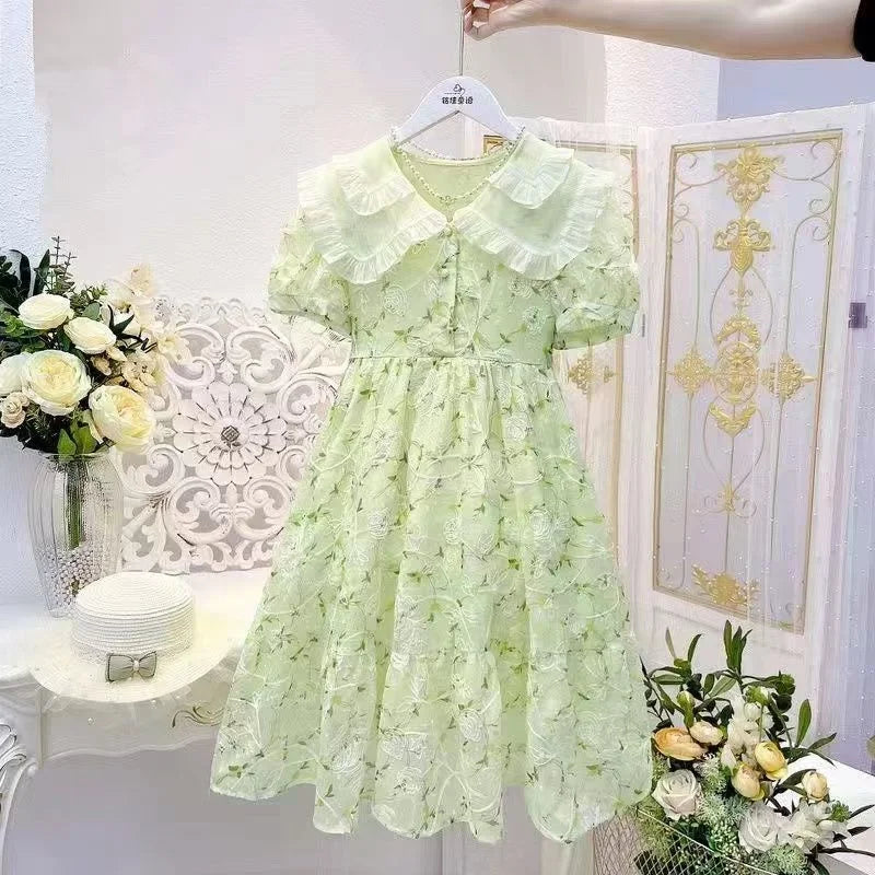 Girls Summer Dresses New Children's Princess Gown Big Kids Short-sleeved Dress Teen Girls Peter Pan Collar Clothing 4-12Y