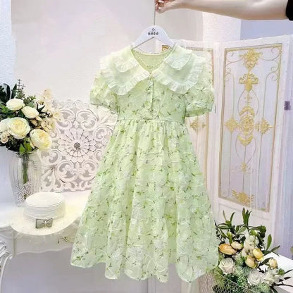 Girls Summer Dresses New Children's Princess Gown Big Kids Short-sleeved Dress Teen Girls Peter Pan Collar Clothing 4-12Y