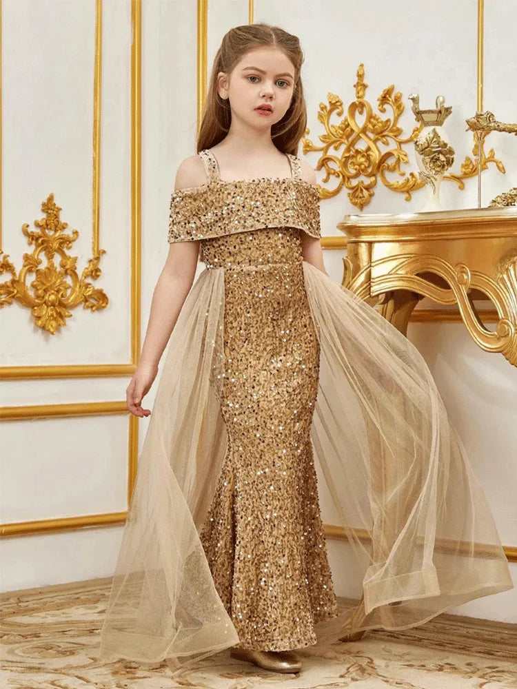 Girls Flower Girl Evening Dress Girl Long Festival Event Performance Small Dress 10-Year-Old Girl Pink Girl Birthday Shiny Dress
