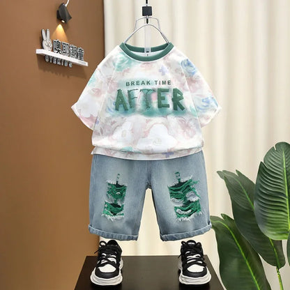 Summer Baby Boys Fashion High Quality Set Cotton Boy Short Sleeved Hole T-shirt + Denim Shorts Kids Loose Casual Clothes 2-11Y
