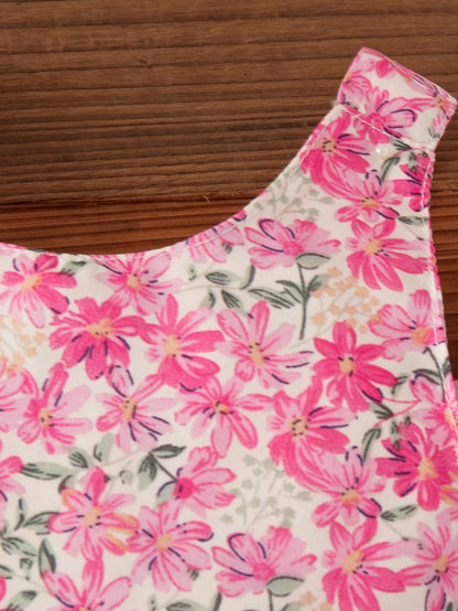 Summer Beach Party Dress for Girls Rose Red Bow Flower Print Suspender Dress Girl Casual Outdoor Outfit Sent Hat