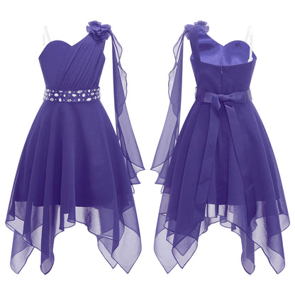 Summer Girls Festive Dress Hi-Lo Tulle Sleeveless Shiny Beaded Dress Flower Kids Wedding Pageant Clothing Evening Communion Gow