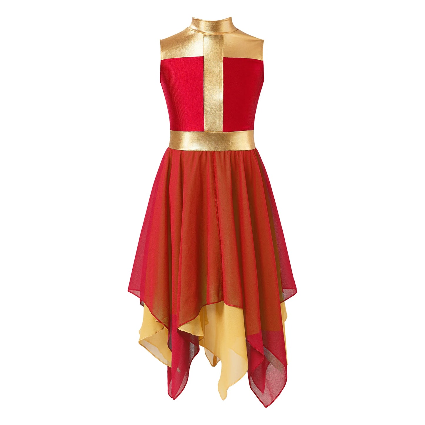 Girls Liturgical Worship Praise Dance Dress Contemporary Lyrical Dancewear Sleeveless Sequins Bodice Asymmetrical Tunic Dresses