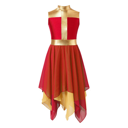 Girls Liturgical Worship Praise Dance Dress Contemporary Lyrical Dancewear Sleeveless Sequins Bodice Asymmetrical Tunic Dresses