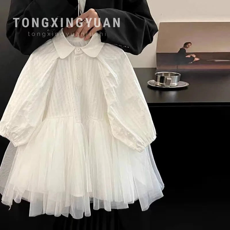 Girl's Shirt Dress Princess Spring New Long-sleeve Gown Children Summer Turn-down Dresses 2-8Y Kids Autumn Fashion Clothing