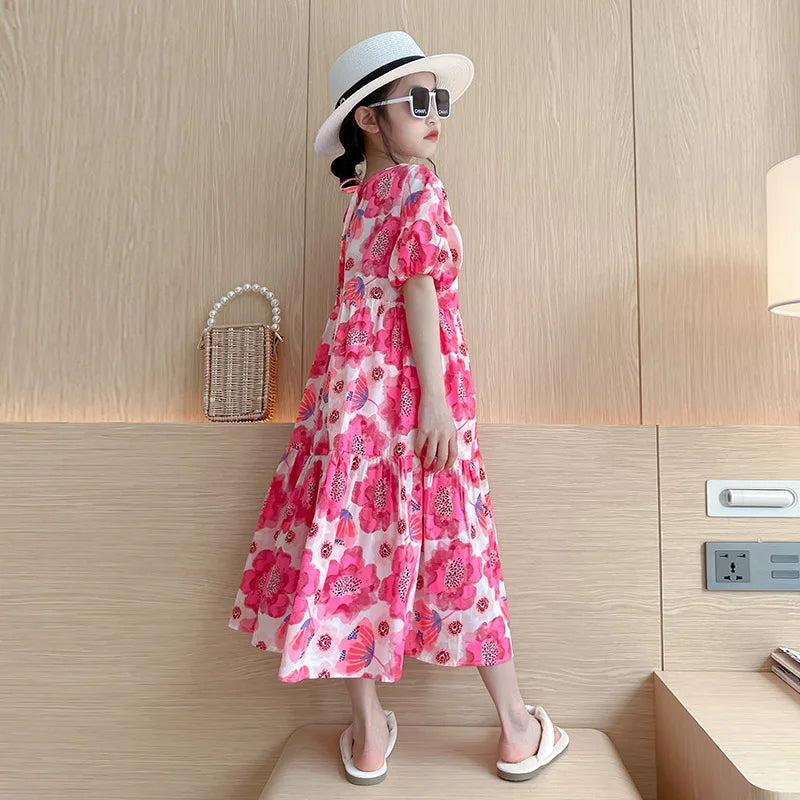 Girl's Large Flower Dress 2025 New Summer Children's Foreign-Style Loose Korean Version of the Older Girls Floral Lazy Skirt