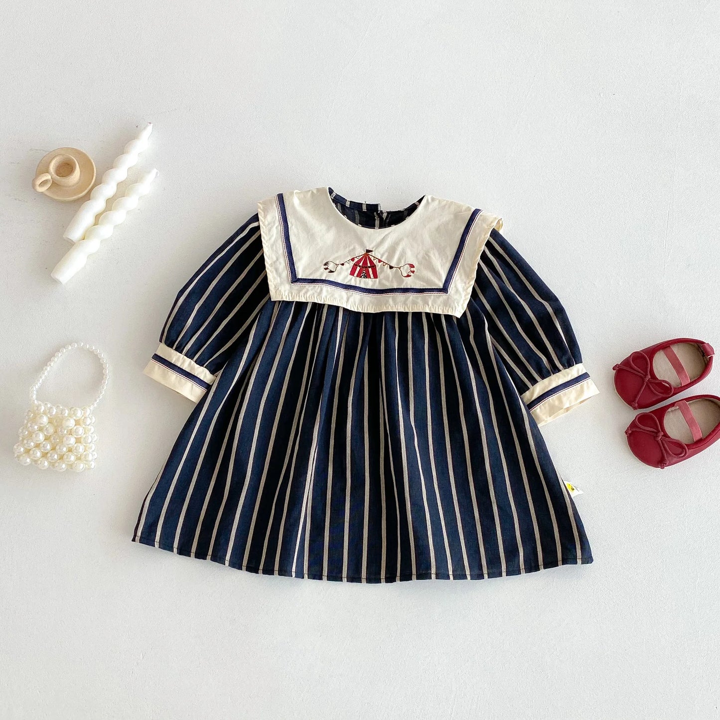 Baby Girl's Dress 2025 Autumn New Retro Children's Embroidered Dress Striped Long-sleeved Princess Dresses