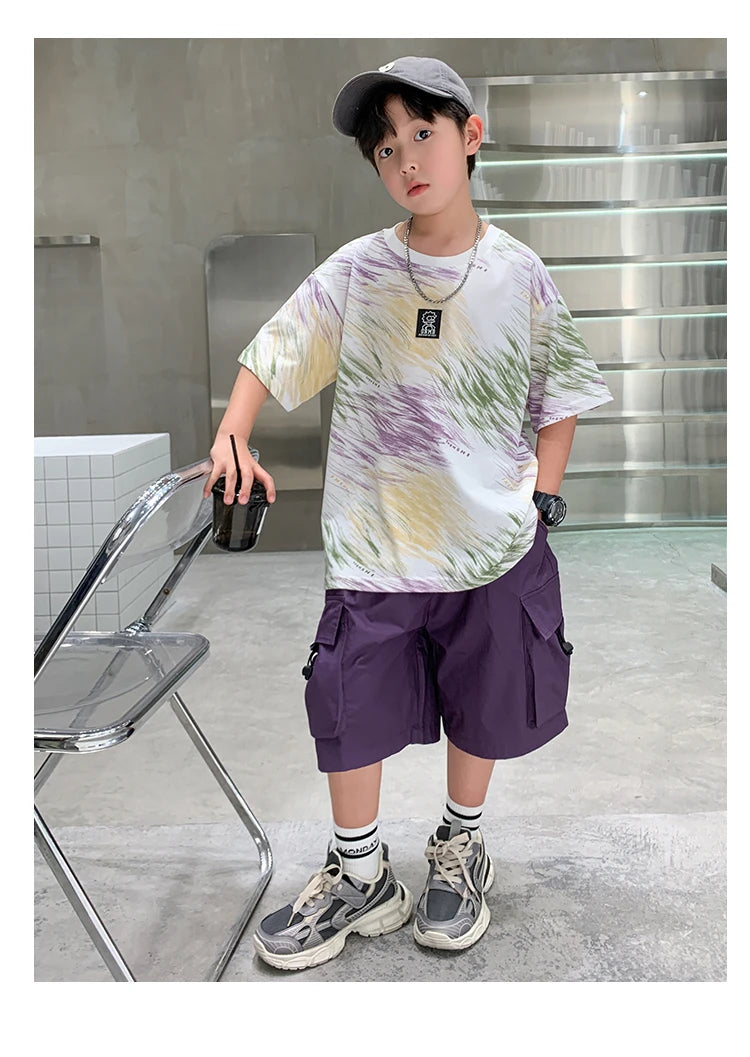 Summer  Boys Shorts Short Sleeve Shorts Handsome High Quality Leisure Sports Simple Two-piece Set.4-16year