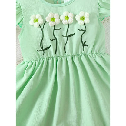 Summer Green Dress for Girls 1-6Years Sleeveless A-Line Children's Dresses with 3D Woolen Flower+Small Satchel Holiday Clothes