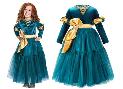 New Cartoon Movie Girls Princess Merida Dress Halloween Brave Princess Costume Children Green Velvet Long Sleeve Vintage Clothes