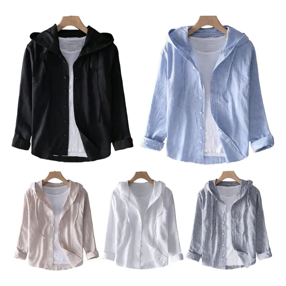 Men Summer Shirt Sun Anti UV Long Sleeve Hooded Drawstring Single breasted Soft Loose Breathable Cardigan Coat Top (Available)