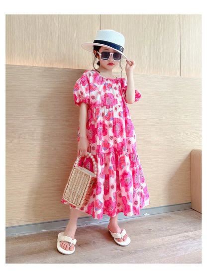 Girl's Large Flower Dress 2025 New Summer Children's Foreign-Style Loose Korean Version of the Older Girls Floral Lazy Skirt