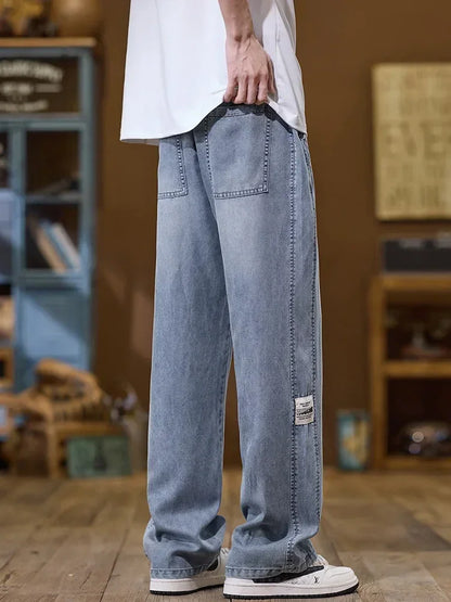 Soft Lyocell Thin Drawstring Jeans Men's Korean Cozy Casual Fashion Straight Trousers Male Streetwear Loose Denim Pants