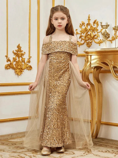Girls Flower Girl Evening Dress Girl Long Festival Event Performance Small Dress 10-Year-Old Girl Pink Girl Birthday Shiny Dress