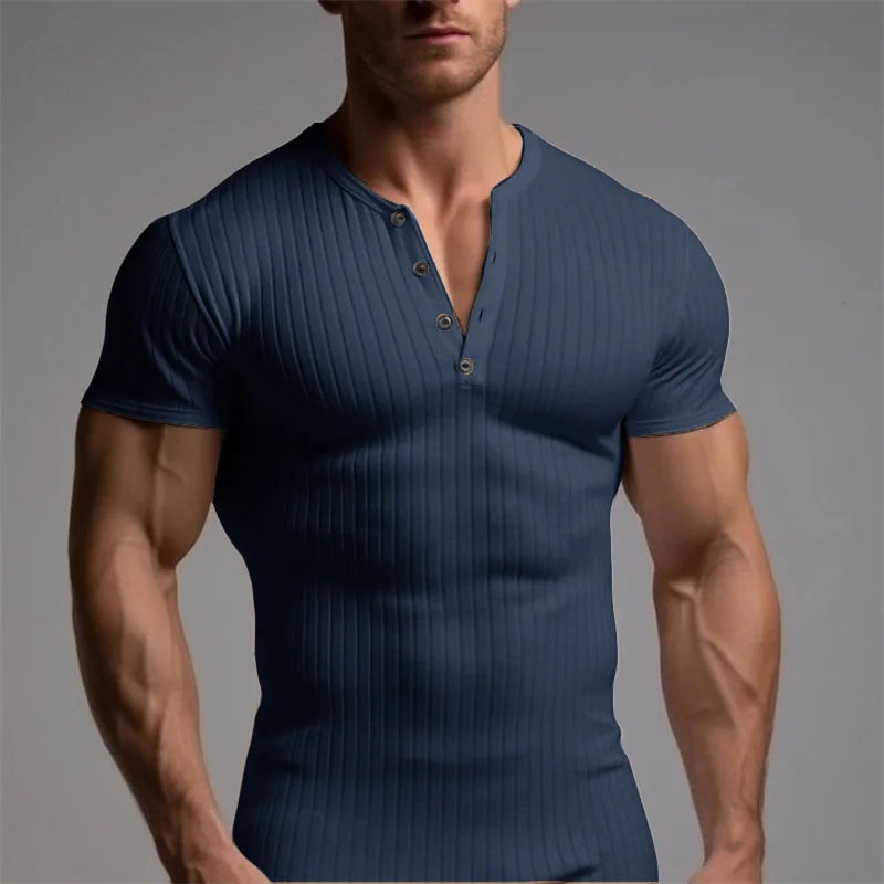 Summer Trend Men's Short Sleeve Casual T-Shirts Solid Henley Neck Button Up Pullover Tops Spring Turn Down Collar Basic Shirt (Available)
