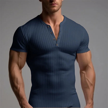 Summer Trend Men's Short Sleeve Casual T-Shirts Solid Henley Neck Button Up Pullover Tops Spring Turn Down Collar Basic Shirt (Available)