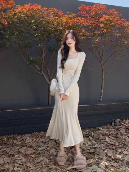 French Style Dresses Women High Waisted  Daily Casual Comfortable Long Sleeve Ladies Mermaid Dress  Autumn Winter Clothes  (Available)