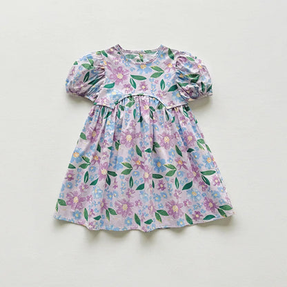 2025 Summer Kids Girls Dresses Short Sleeve A Line Girls Dresses Floral Print Pleated Dress For Girl