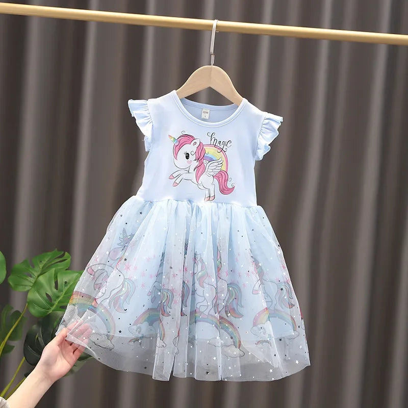 Girls Clothes 2025 New Summer Princess Dresses Flying Sleeve Kids Dress Unicorn Party Baby Dresses for Children Clothing 1-6Y