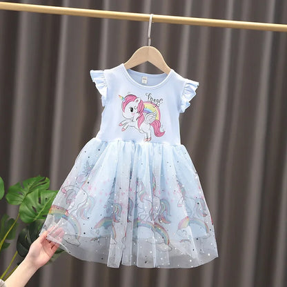 Girls Clothes 2025 New Summer Princess Dresses Flying Sleeve Kids Dress Unicorn Party Baby Dresses for Children Clothing 1-6Y