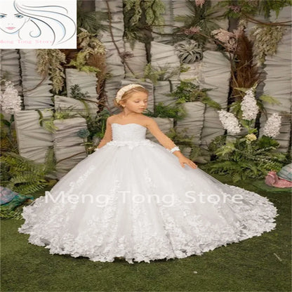 Elegance Flower Girl Dress Three Quartersleeve Appliqué Children Wedding Party Gowns New Kids Clothes Princess First Communion