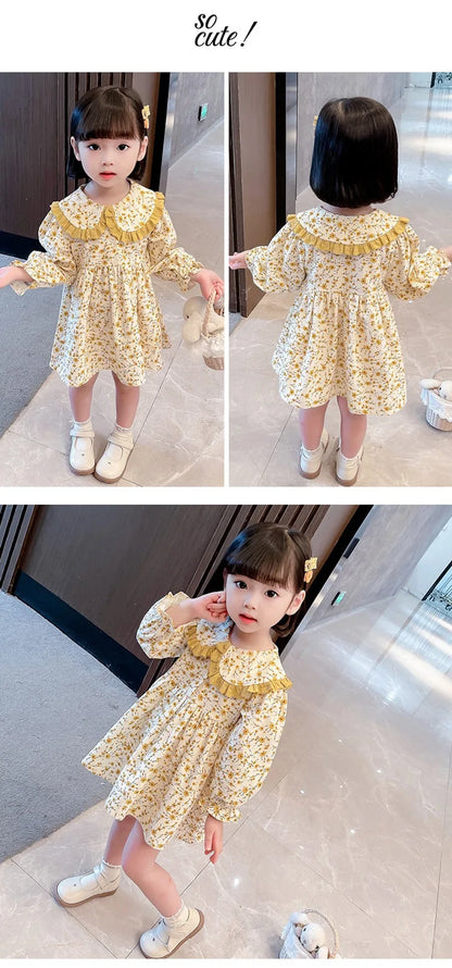 Girls Casual Dresses  Yellow Floral Lapel Dress for Girls 2-7Y Cute Toddler Dress Flower Girl & Casual Outfit